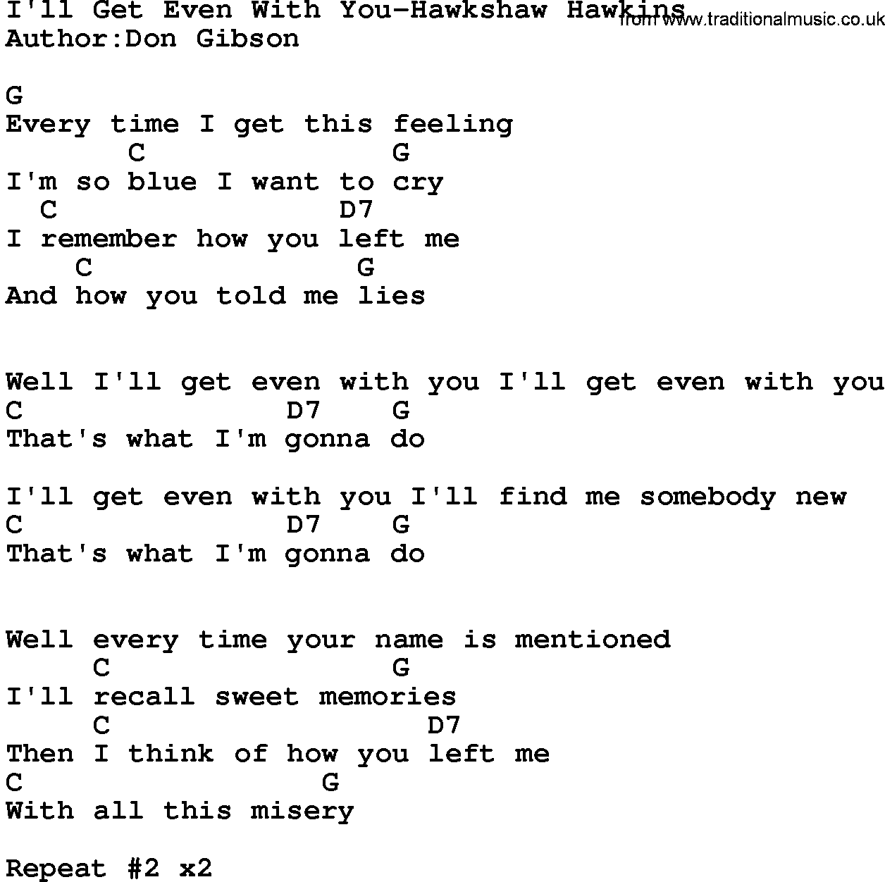 Country music song: I'll Get Even With You-Hawkshaw Hawkins lyrics and chords