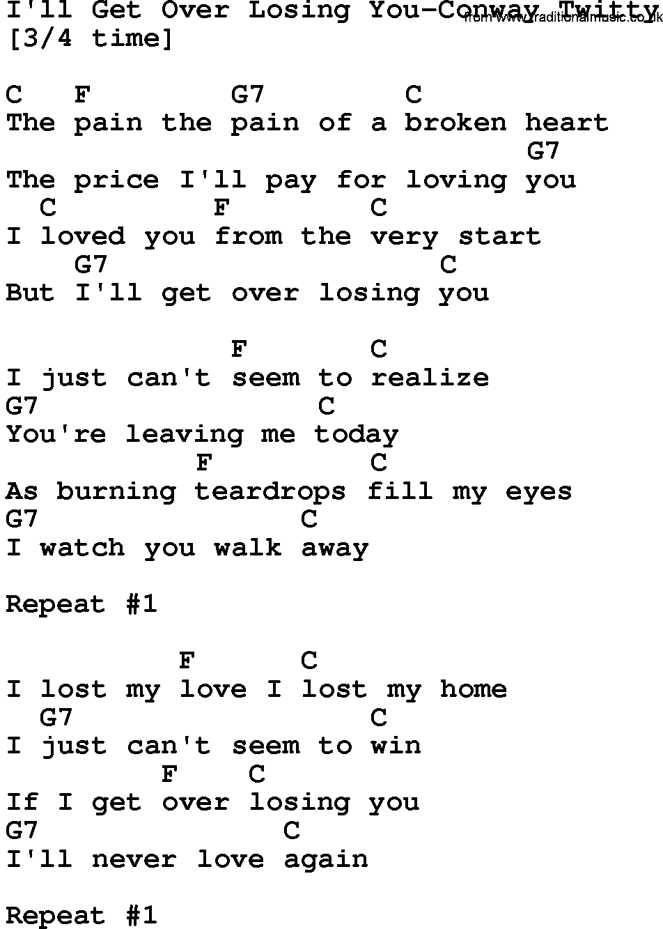 Country music song: I'll Get Over Losing You-Conway Twitty lyrics and chords