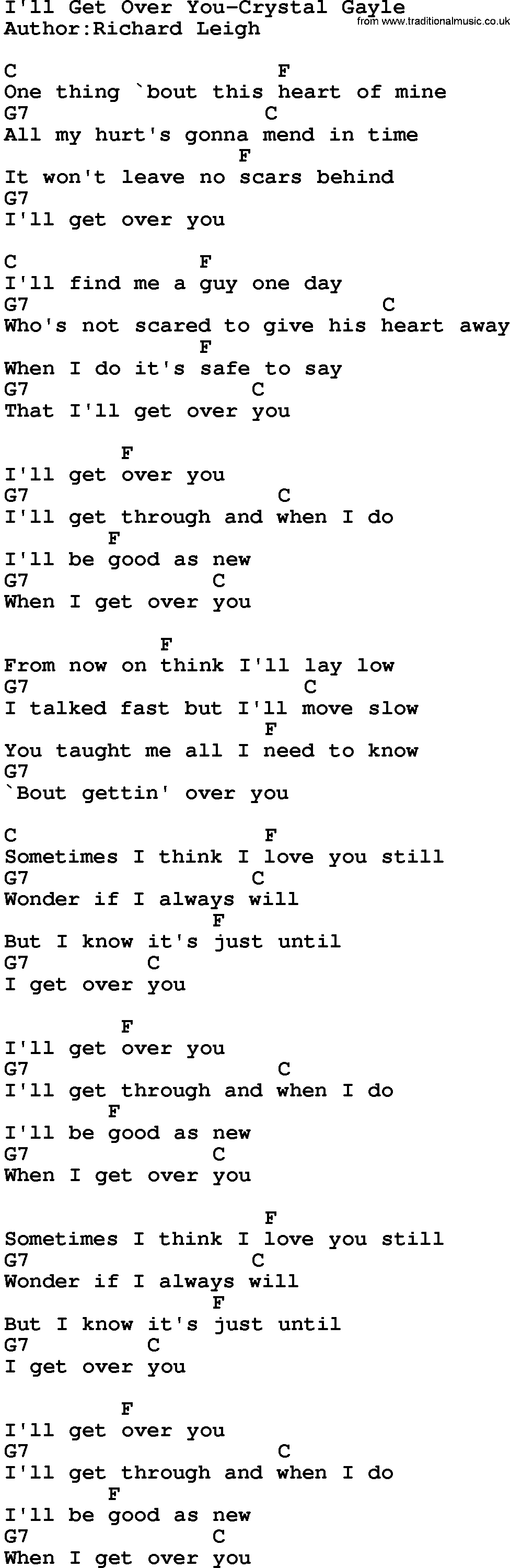 Country music song: I'll Get Over You-Crystal Gayle lyrics and chords