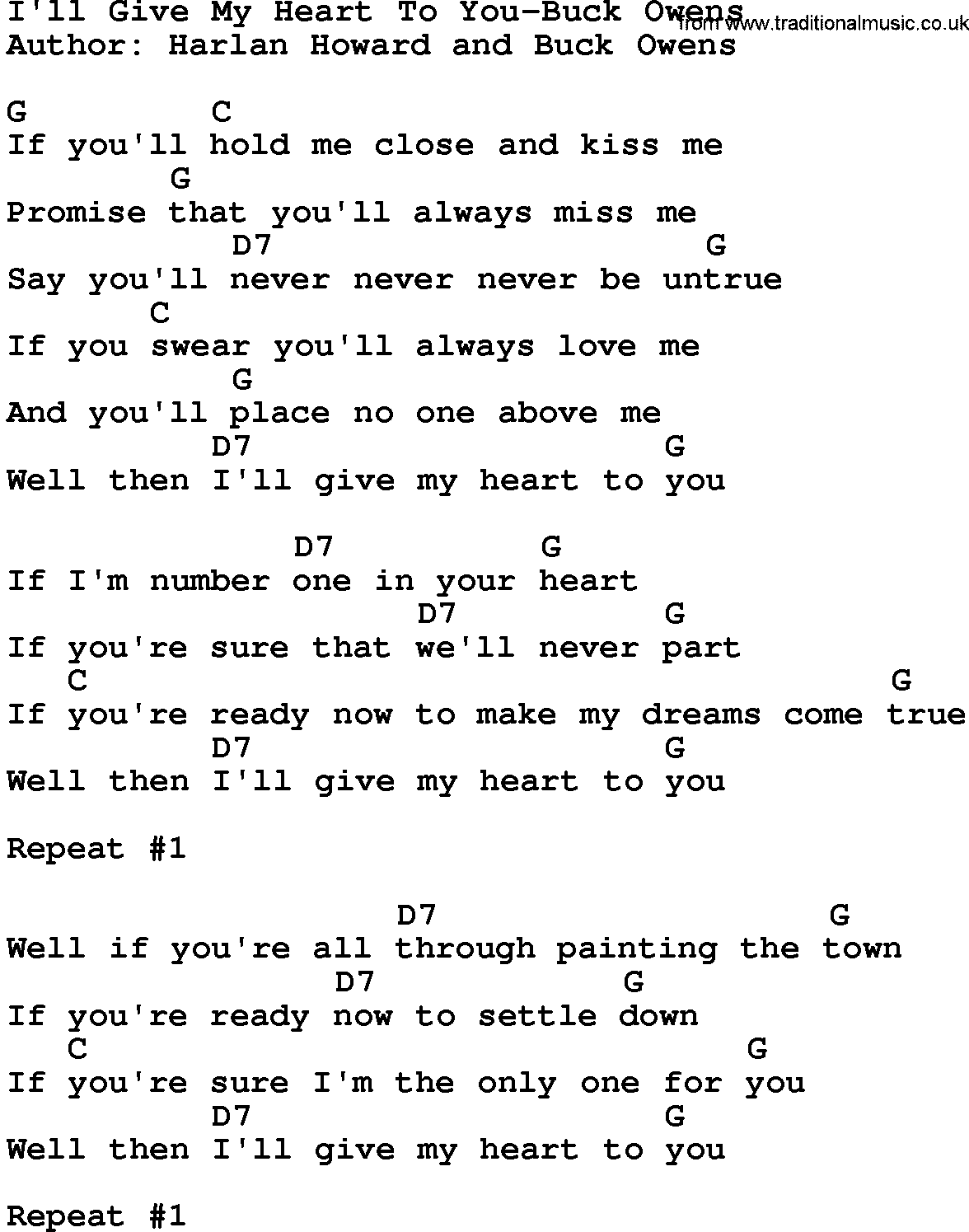 Country music song: I'll Give My Heart To You-Buck Owens lyrics and chords