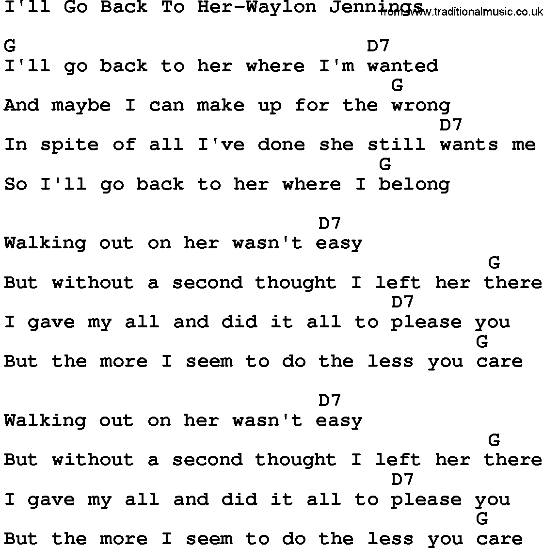 Country music song: I'll Go Back To Her-Waylon Jennings lyrics and chords