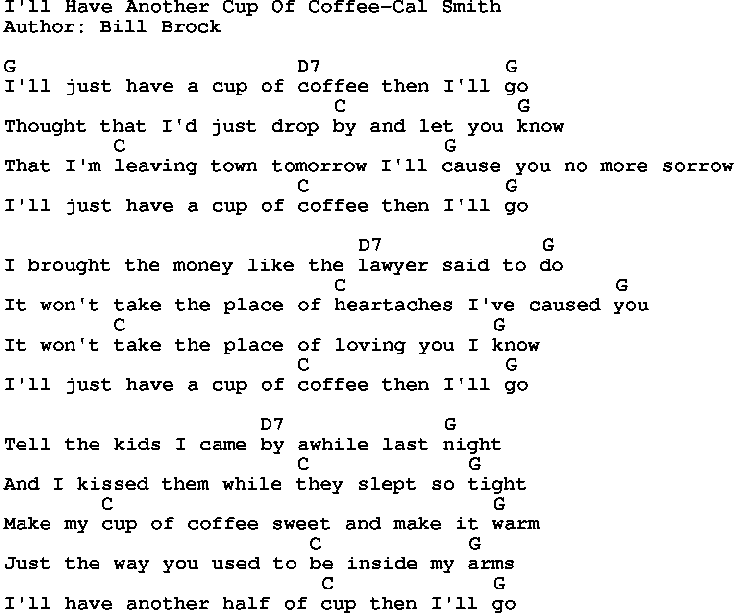 Country music song: I'll Have Another Cup Of Coffee-Cal Smith lyrics and chords