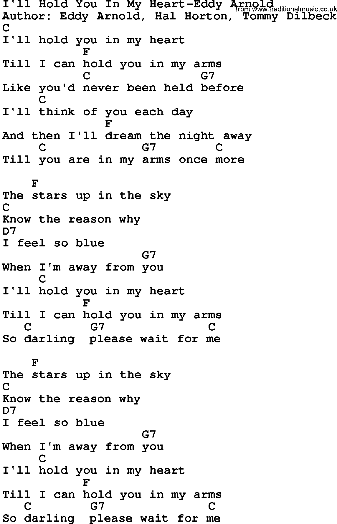 Country music song: I'll Hold You In My Heart-Eddy Arnold lyrics and chords