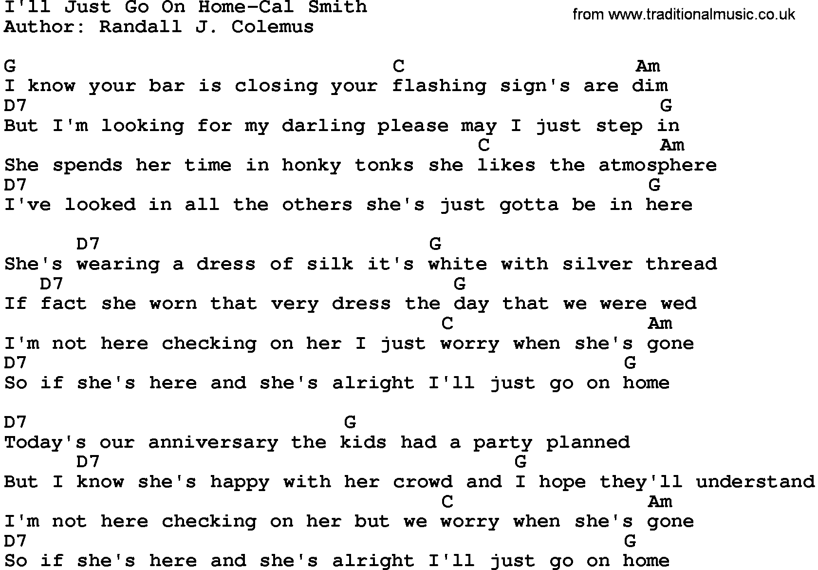 Country music song: I'll Just Go On Home-Cal Smith lyrics and chords