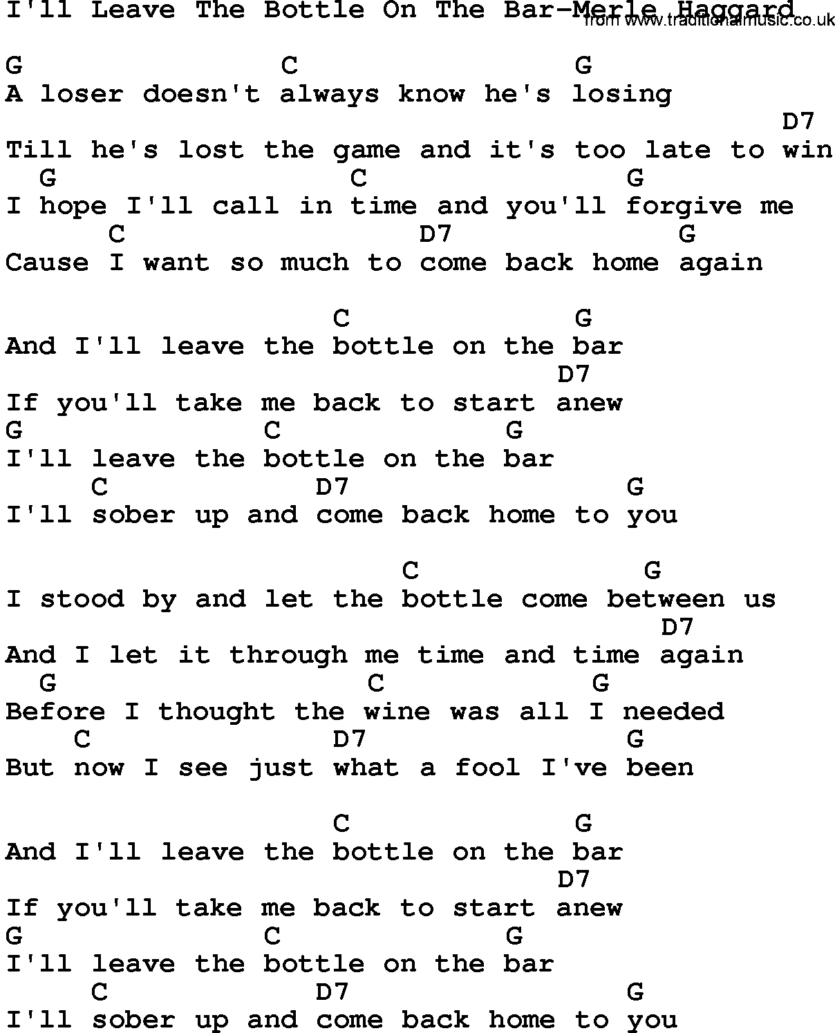 Country music song: I'll Leave The Bottle On The Bar-Merle Haggard lyrics and chords