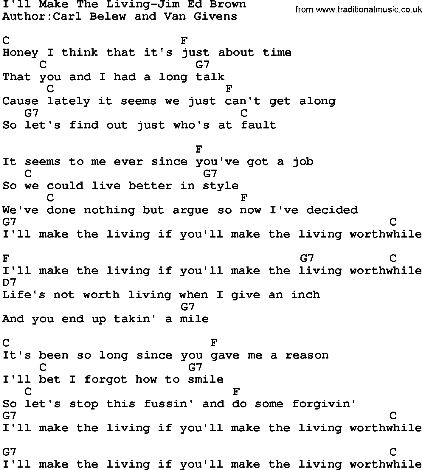 Country music song: I'll Make The Living-Jim Ed Brown lyrics and chords