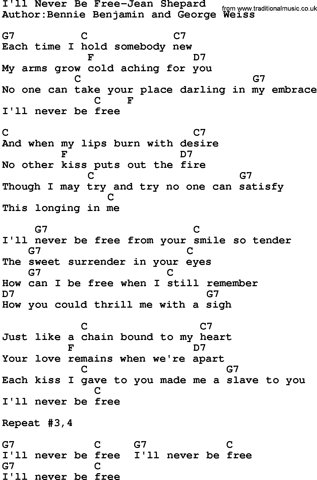 Country music song: I'll Never Be Free-Jean Shepard lyrics and chords