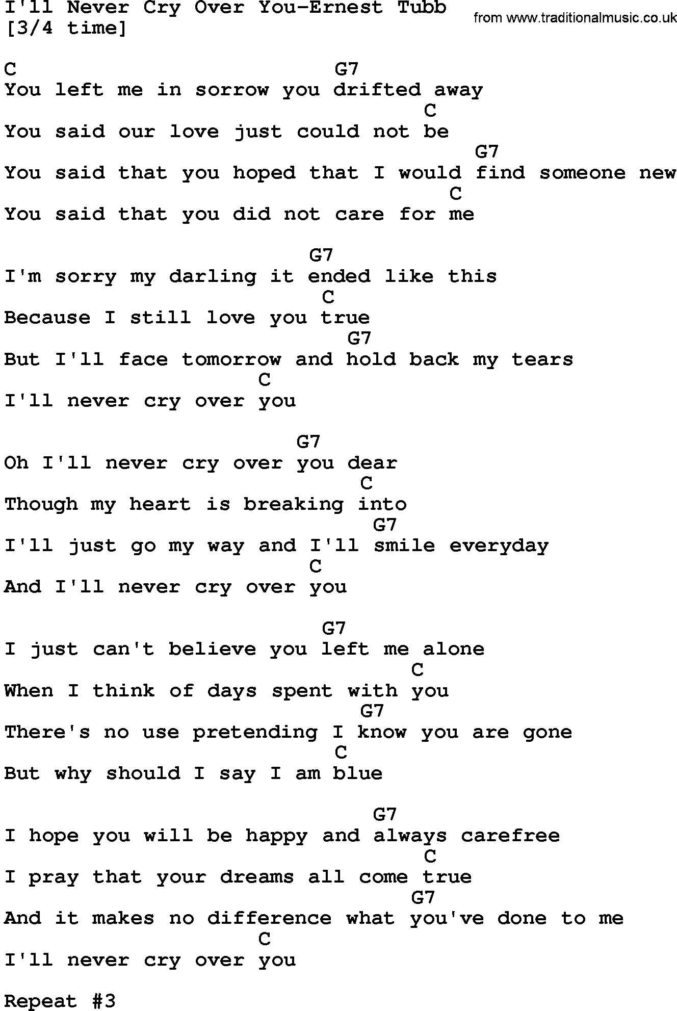 Country music song: I'll Never Cry Over You-Ernest Tubb lyrics and chords