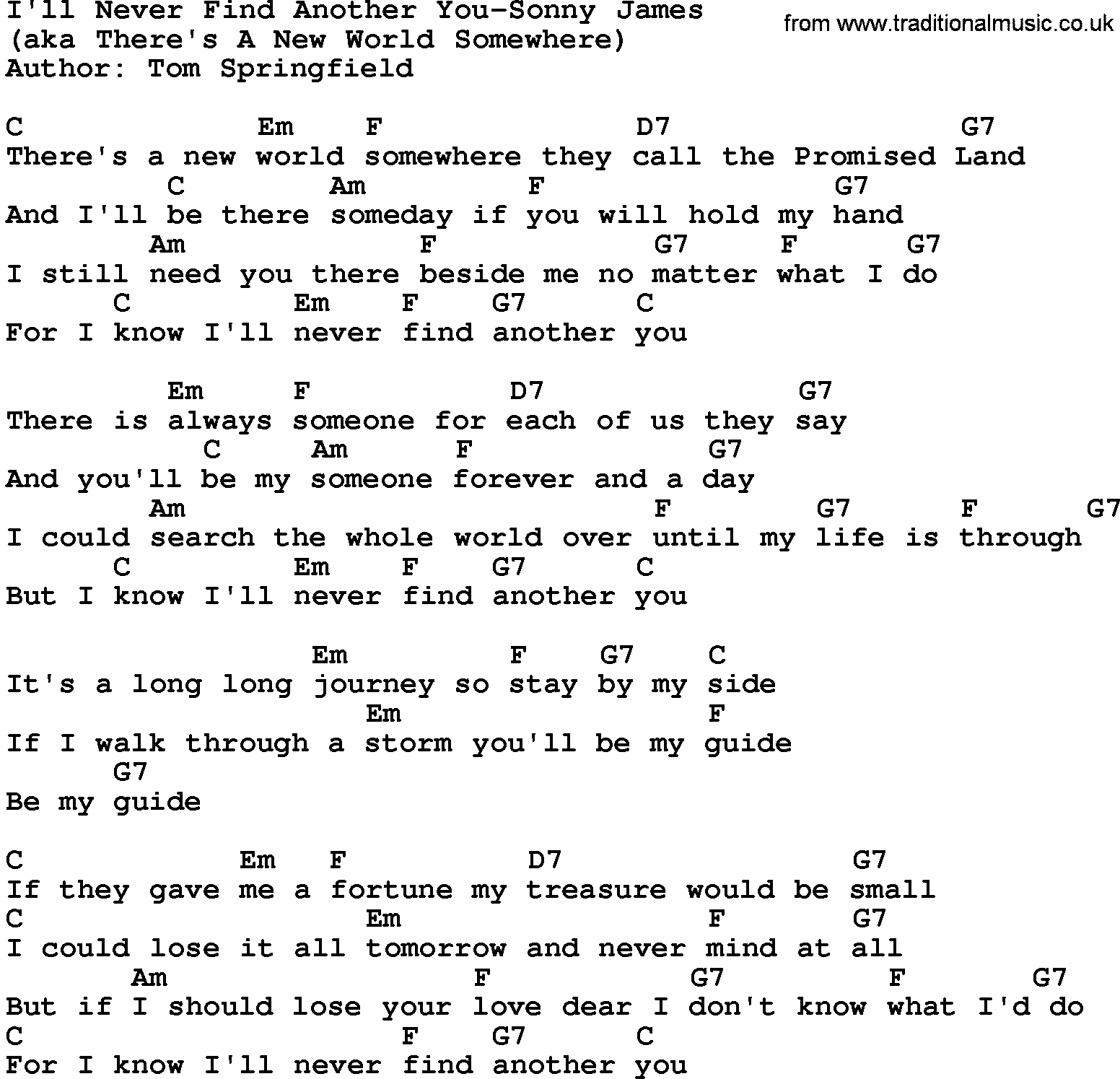 Country music song: I'll Never Find Another You-Sonny James lyrics and chords