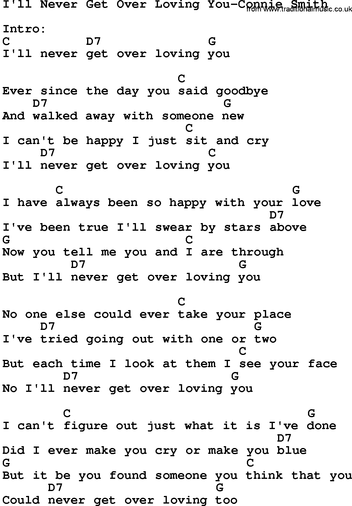 Country music song: I'll Never Get Over Loving You-Connie Smith lyrics and chords
