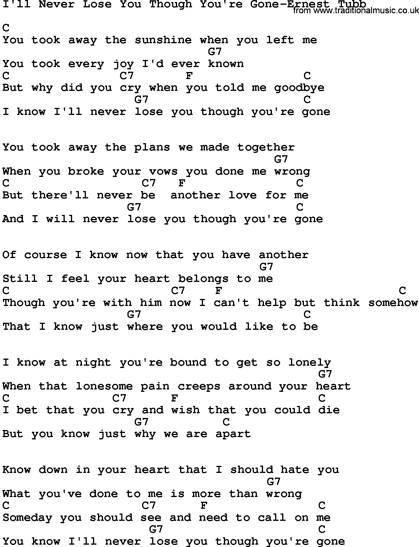 Country music song: I'll Never Lose You Though You're Gone-Ernest Tubb lyrics and chords