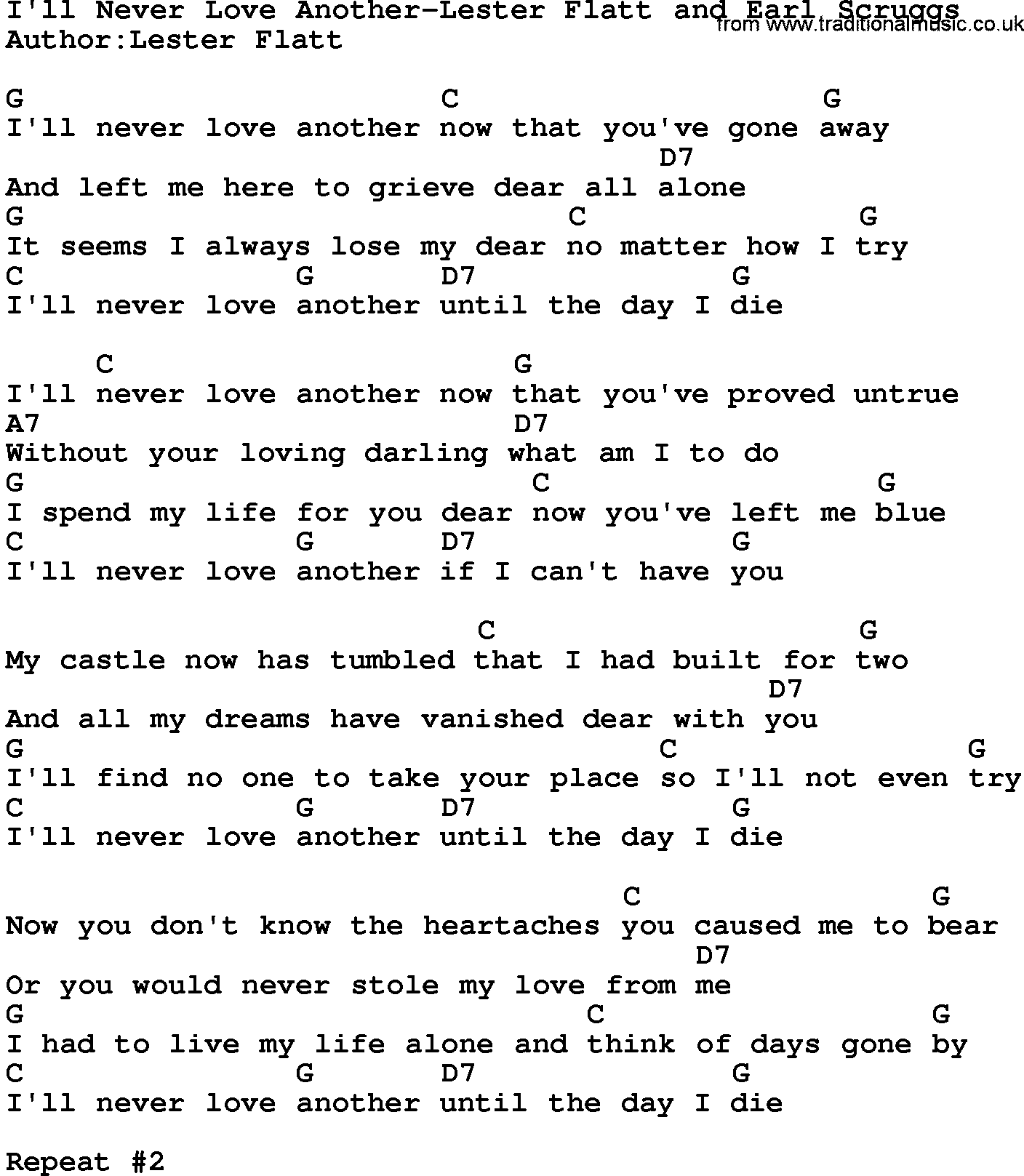 Country music song: I'll Never Love Another-Lester Flatt And Earl Scruggs lyrics and chords