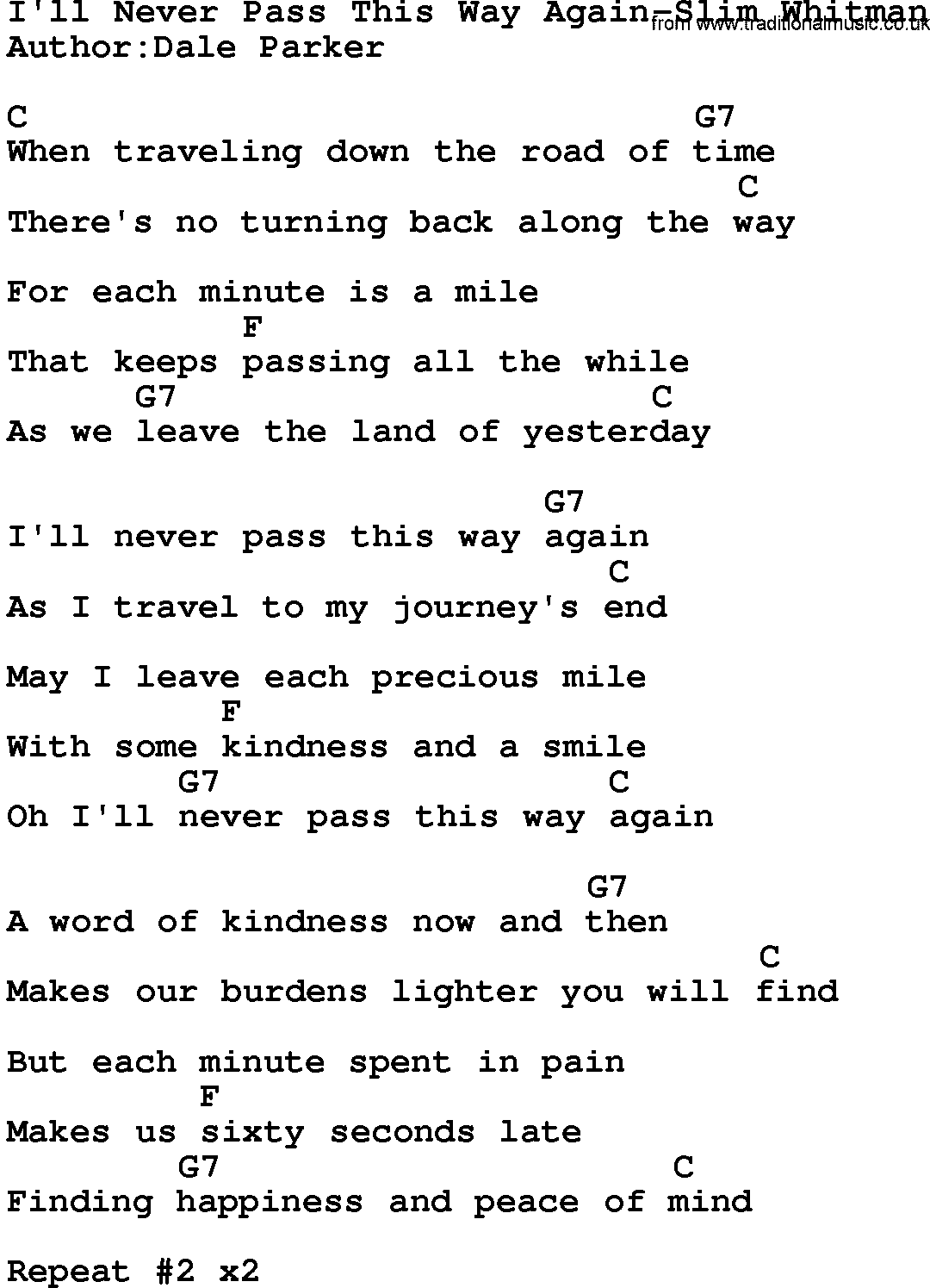 Country music song: I'll Never Pass This Way Again-Slim Whitman lyrics and chords