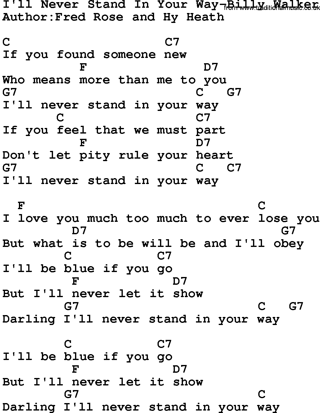 Country music song: I'll Never Stand In Your Way-Billy Walker lyrics and chords