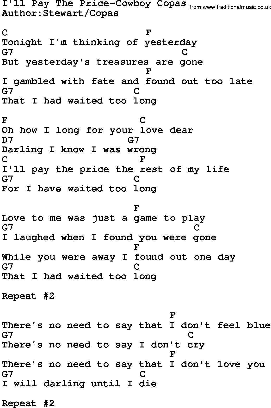 Country music song: I'll Pay The Price-Cowboy Copas lyrics and chords