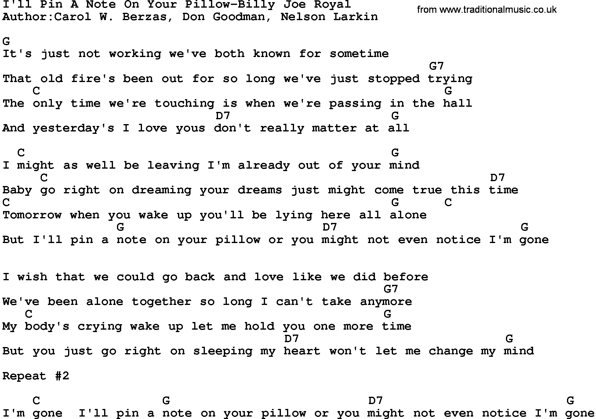 Country music song: I'll Pin A Note On Your Pillow-Billy Joe Royal lyrics and chords