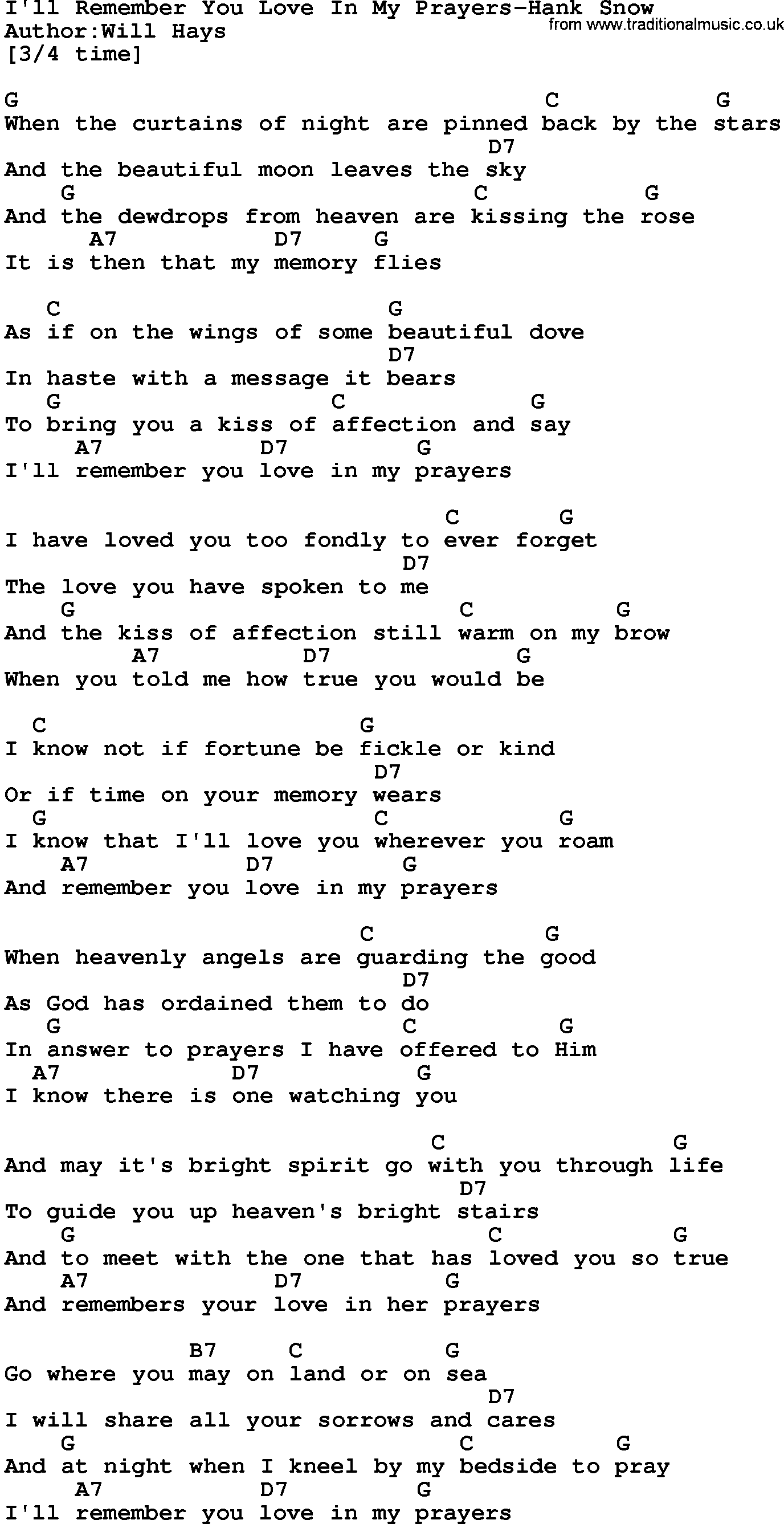Country music song: I'll Remember You Love In My Prayers-Hank Snow lyrics and chords