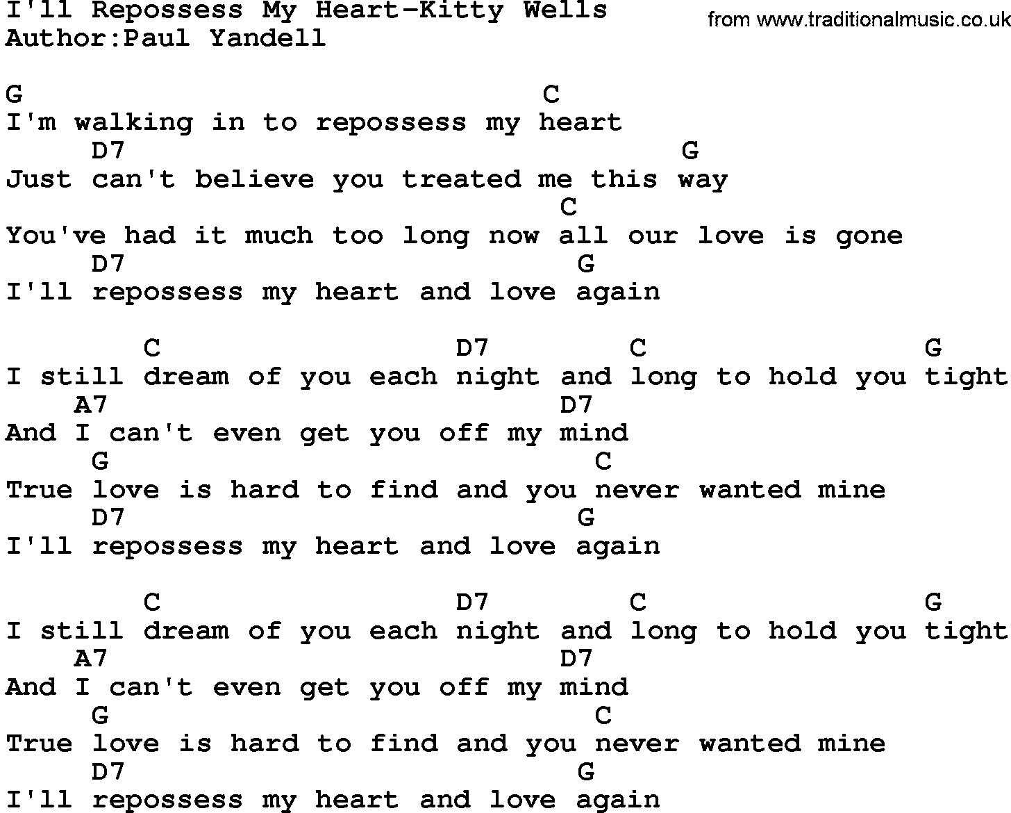 Country music song: I'll Repossess My Heart-Kitty Wells lyrics and chords