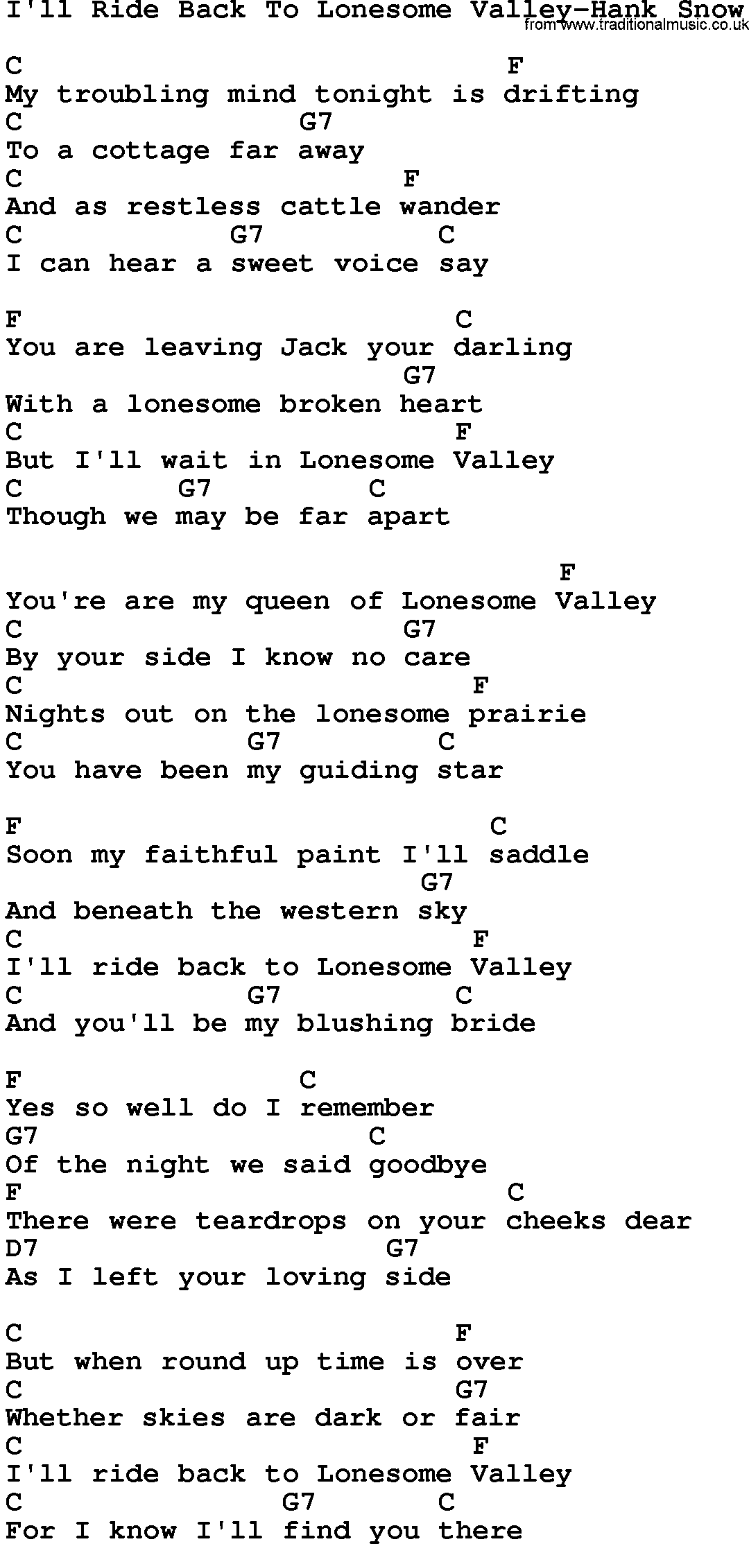 Country music song: I'll Ride Back To Lonesome Valley-Hank Snow lyrics and chords