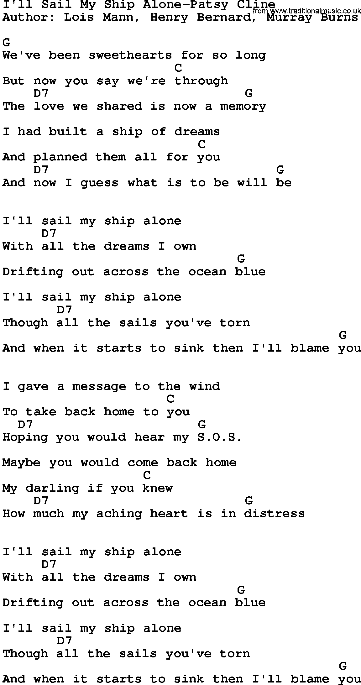 Country music song: I'll Sail My Ship Alone-Patsy Cline lyrics and chords