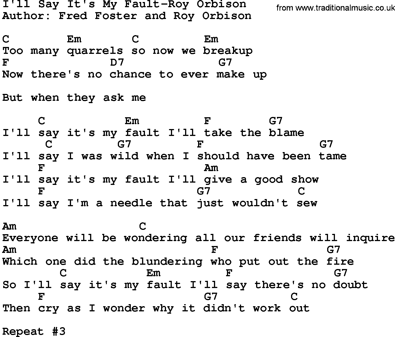 Country music song: I'll Say It's My Fault-Roy Orbison lyrics and chords