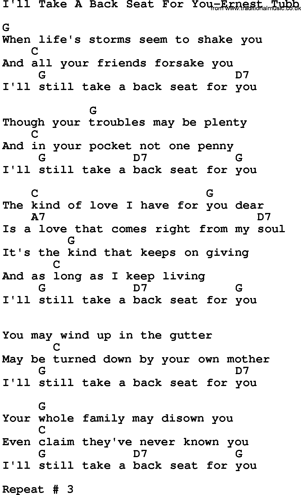Country music song: I'll Take A Back Seat For You-Ernest Tubb lyrics and chords