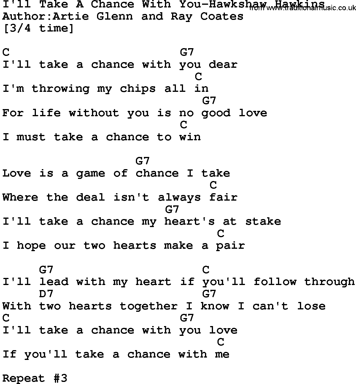 Country music song: I'll Take A Chance With You-Hawkshaw Hawkins lyrics and chords