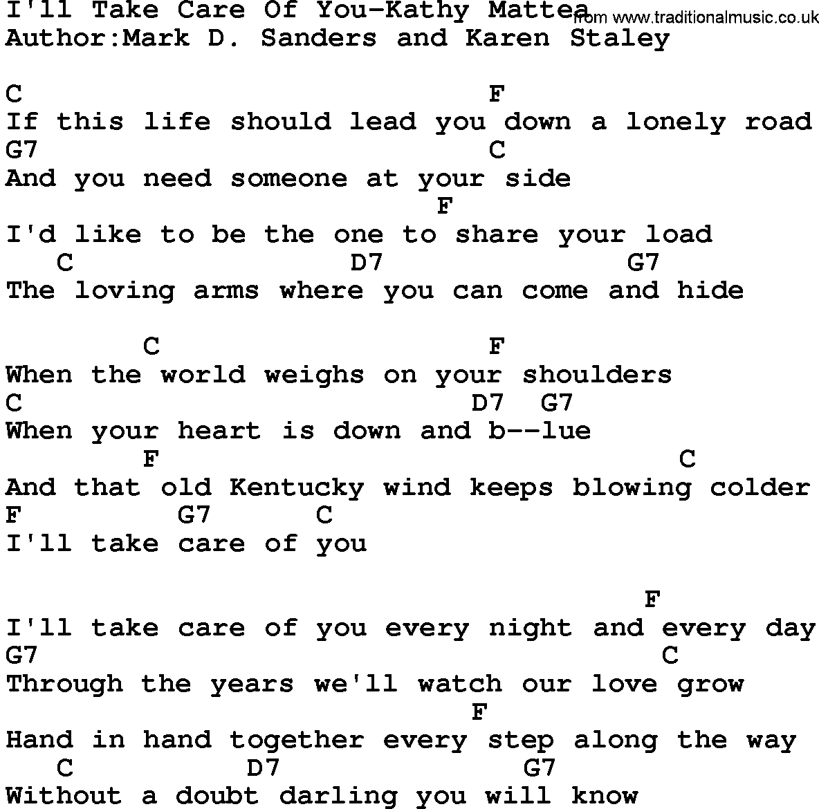 Country music song: I'll Take Care Of You-Kathy Mattea lyrics and chords