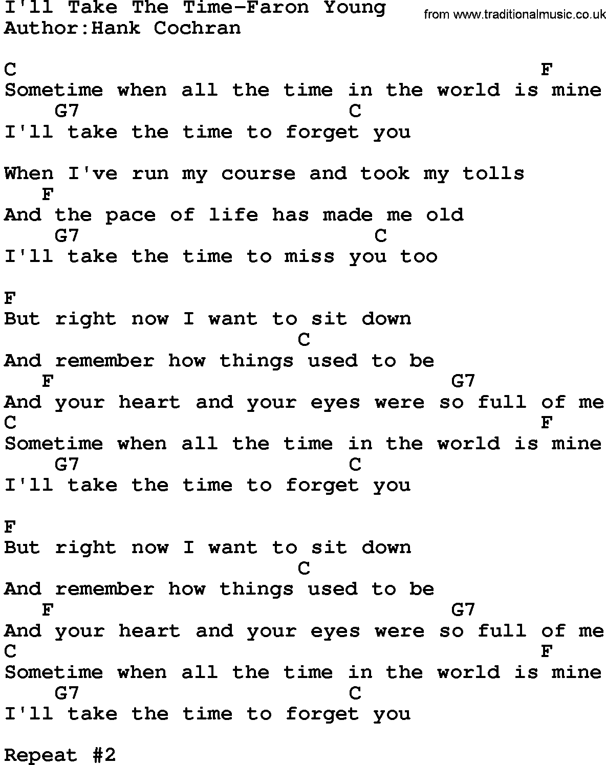 Country music song: I'll Take The Time-Faron Young lyrics and chords