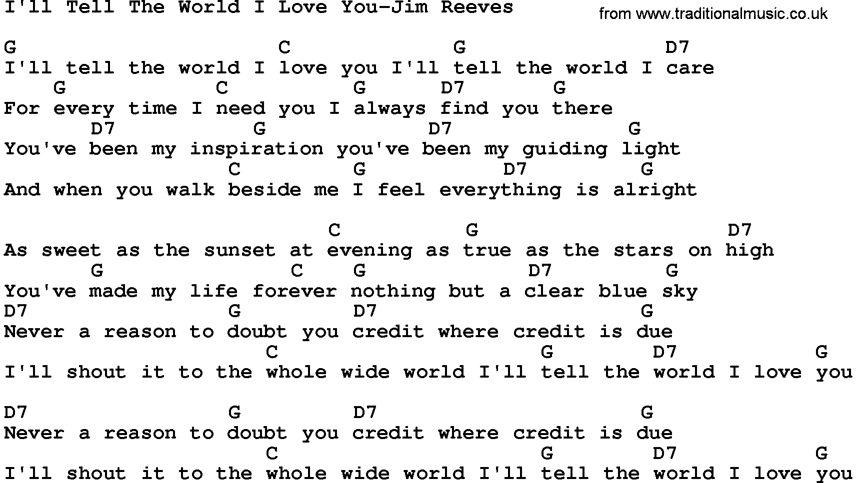 Country music song: I'll Tell The World I Love You-Jim Reeves lyrics and chords