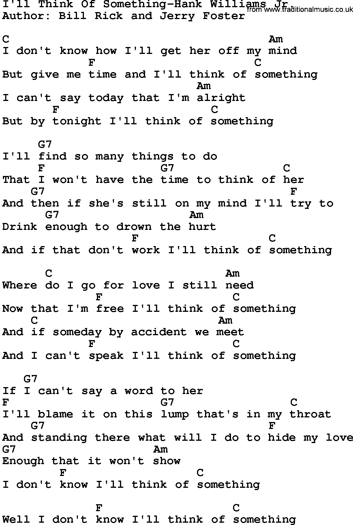 Country music song: I'll Think Of Something-Hank Williams Jr lyrics and chords