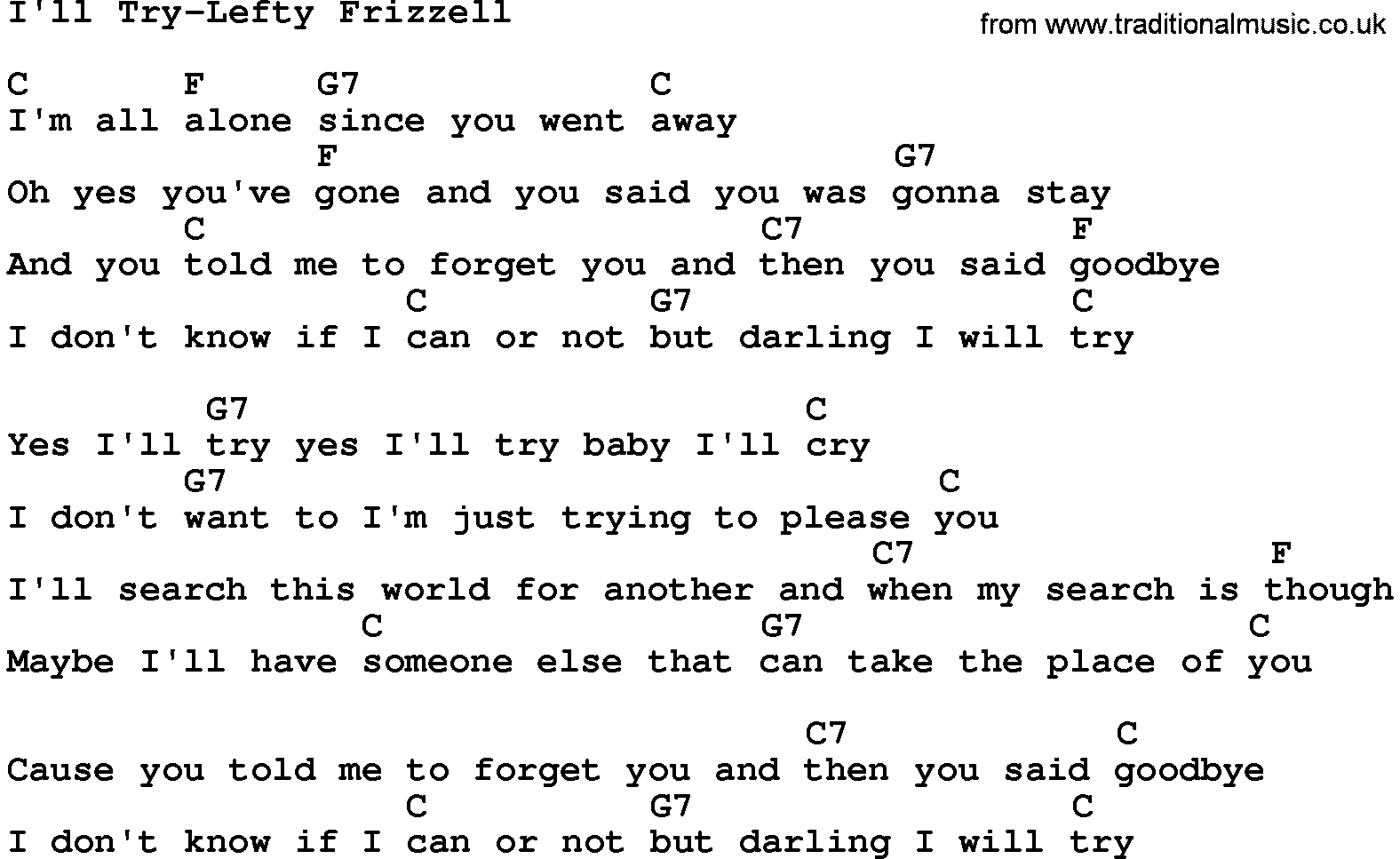 Country music song: I'll Try-Lefty Frizzell lyrics and chords