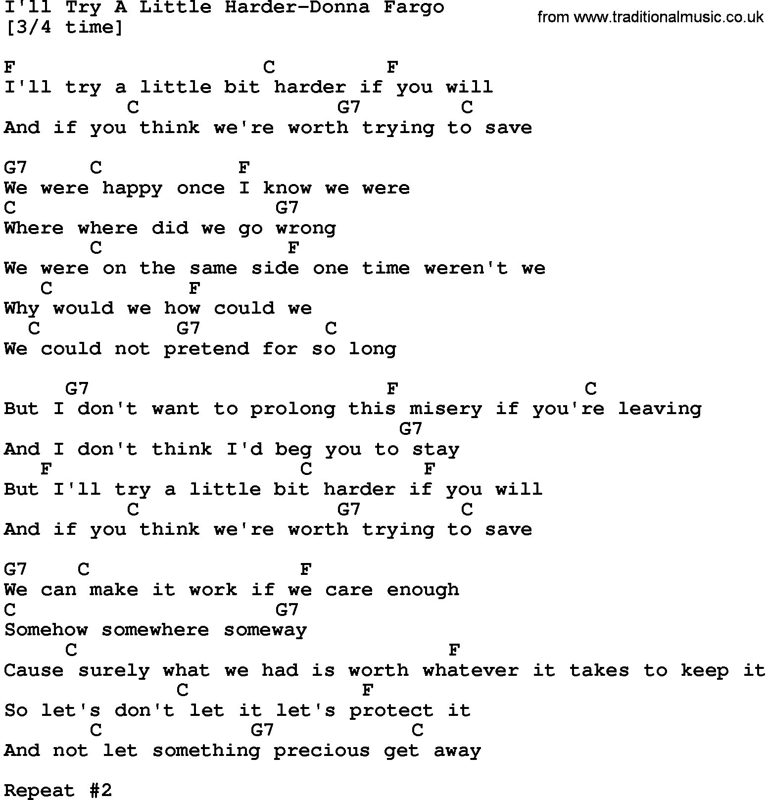 Country music song: I'll Try A Little Harder-Donna Fargo lyrics and chords