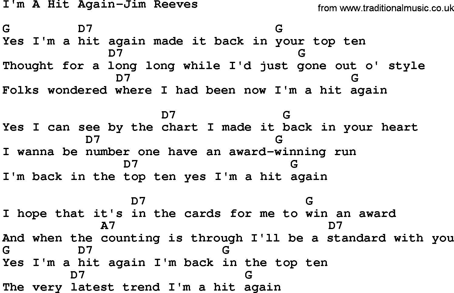 Country music song: I'm A Hit Again-Jim Reeves lyrics and chords