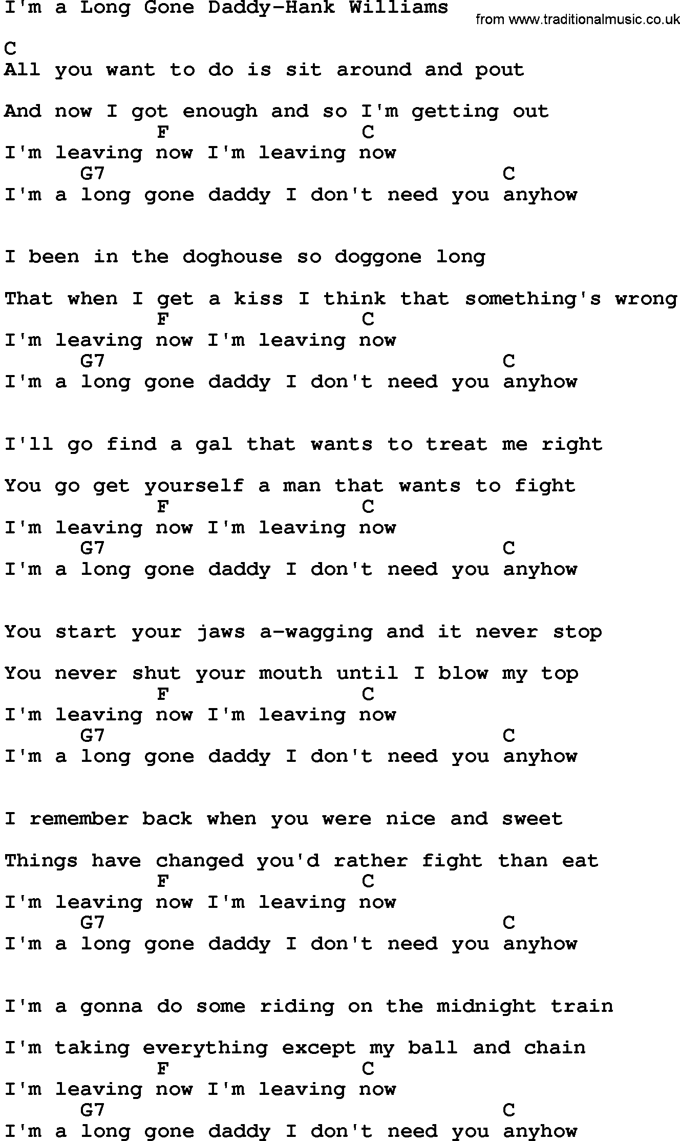 Country music song: I'm A Long Gone Daddy-Hank Williams lyrics and chords