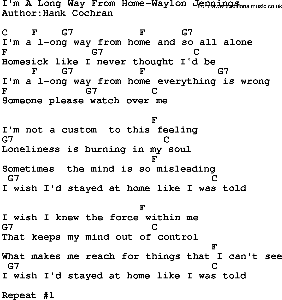 Country music song: I'm A Long Way From Home-Waylon Jennings lyrics and chords