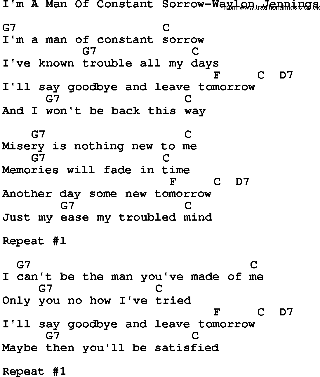 Country music song: I'm A Man Of Constant Sorrow-Waylon Jennings lyrics and chords