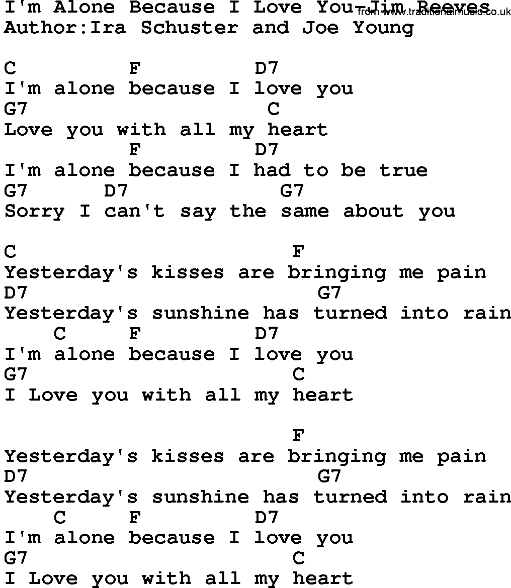 Country music song: I'm Alone Because I Love You-Jim Reeves lyrics and chords
