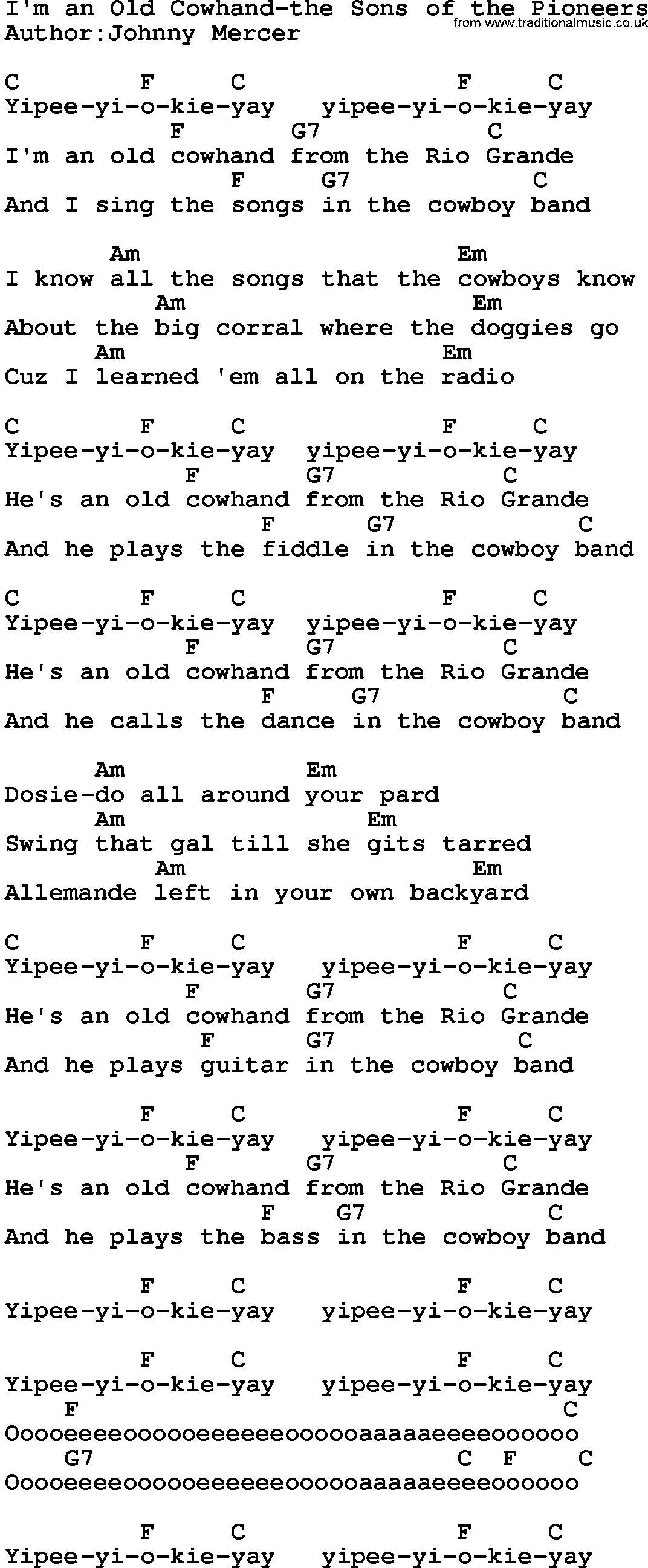 Country music song: I'm An Old Cowhand-The Sons Of The Pioneers lyrics and chords