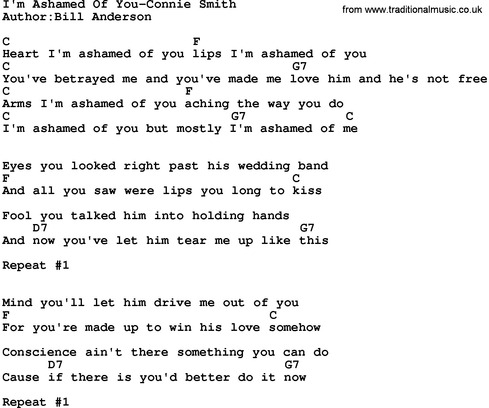 Country music song: I'm Ashamed Of You-Connie Smith lyrics and chords