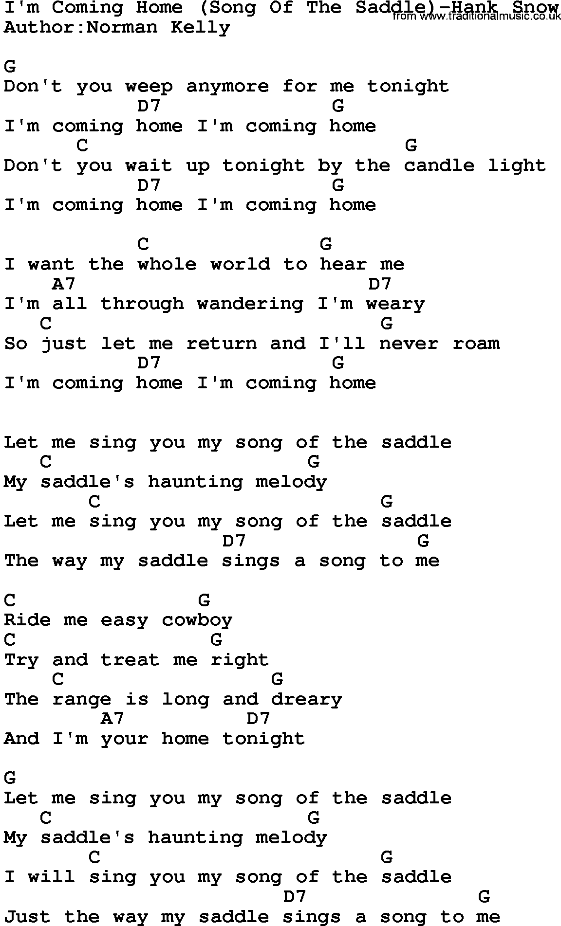 Country music song: I'm Coming Home(Song Of The Saddle)-Hank Snow lyrics and chords