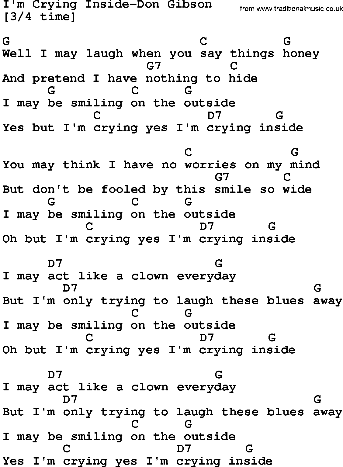 Country music song: I'm Crying Inside-Don Gibson lyrics and chords