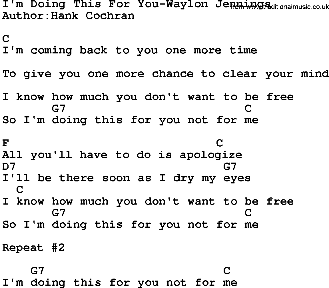 Country music song: I'm Doing This For You-Waylon Jennings lyrics and chords