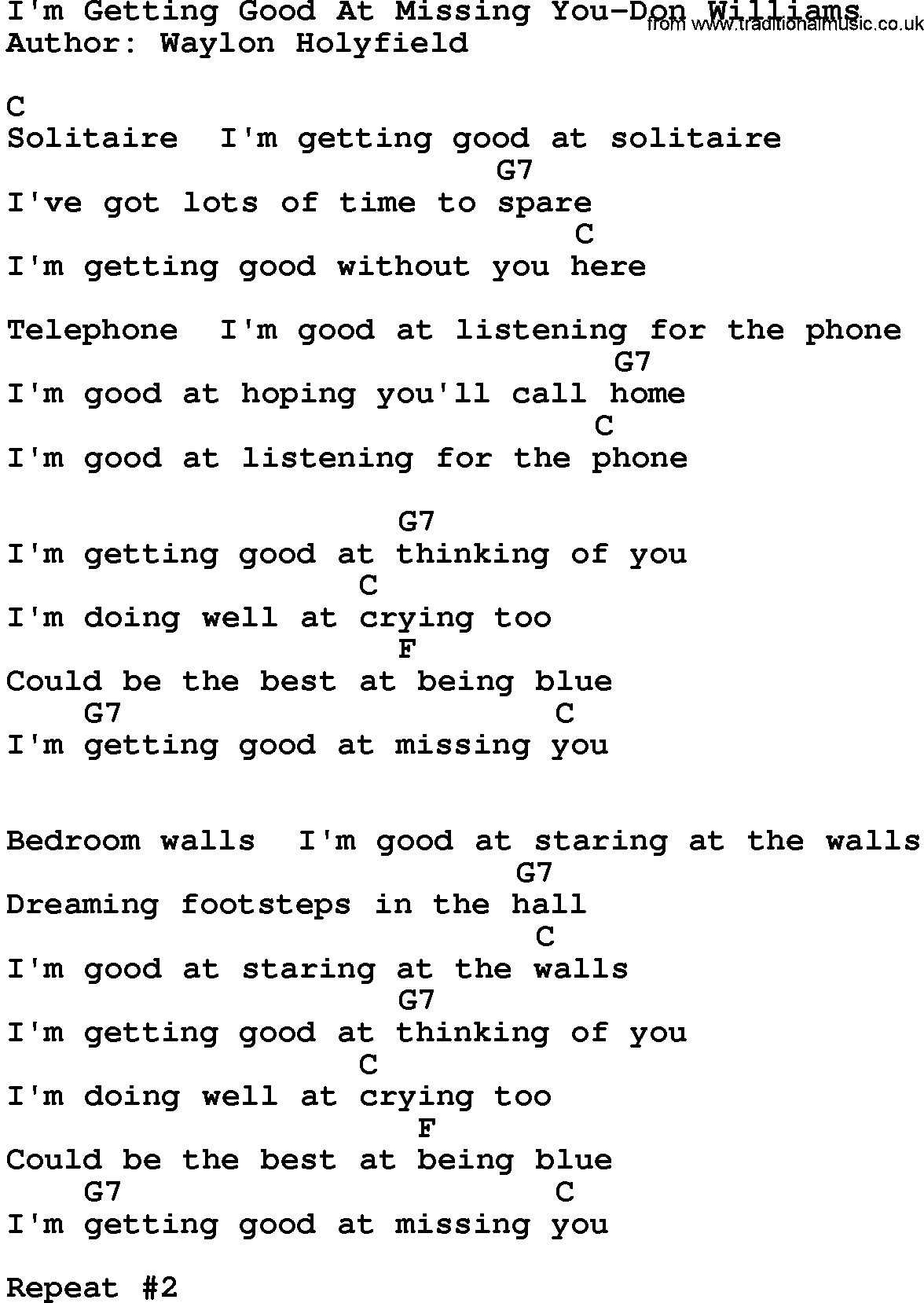 Country music song: I'm Getting Good At Missing You-Don Williams lyrics and chords
