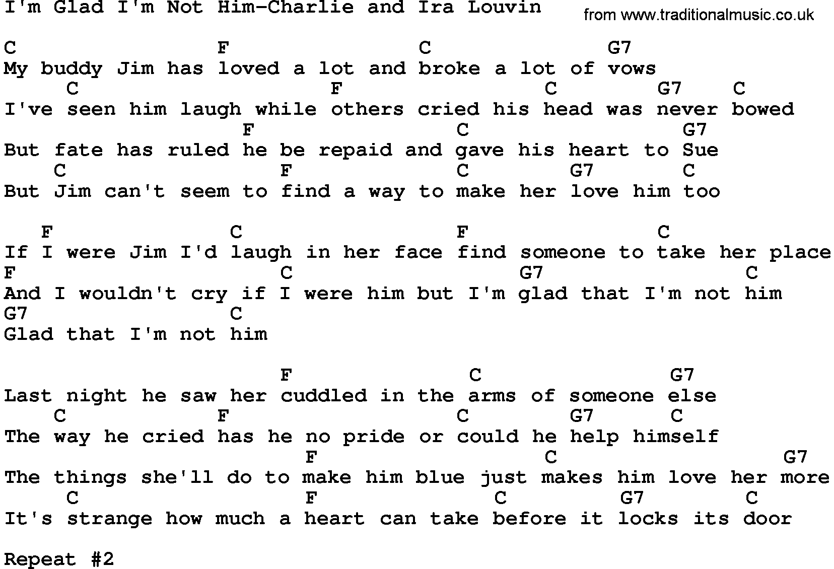 Country music song: I'm Glad I'm Not Him-Charlie And Ira Louvin lyrics and chords