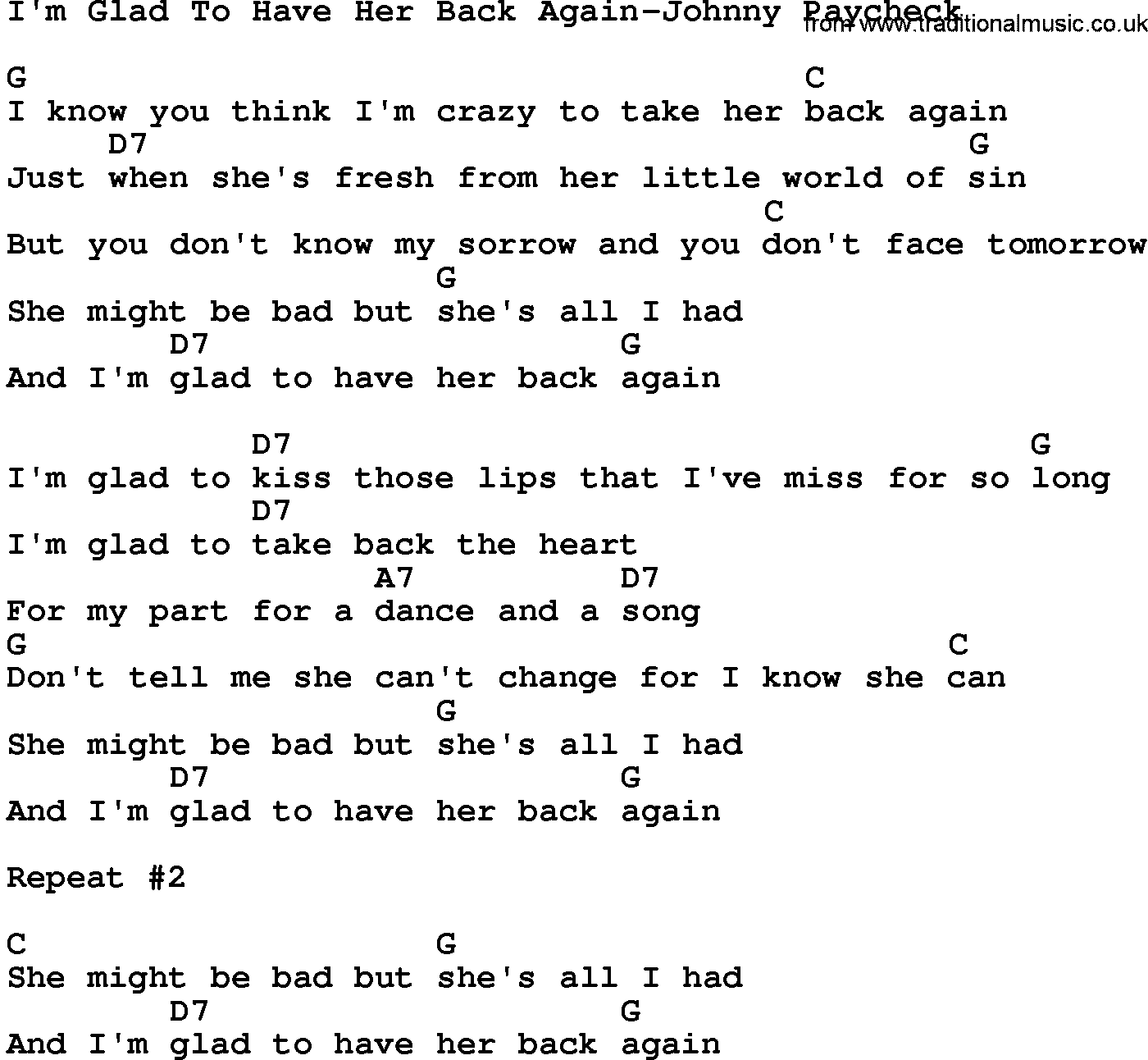 Country music song: I'm Glad To Have Her Back Again-Johnny Paycheck lyrics and chords