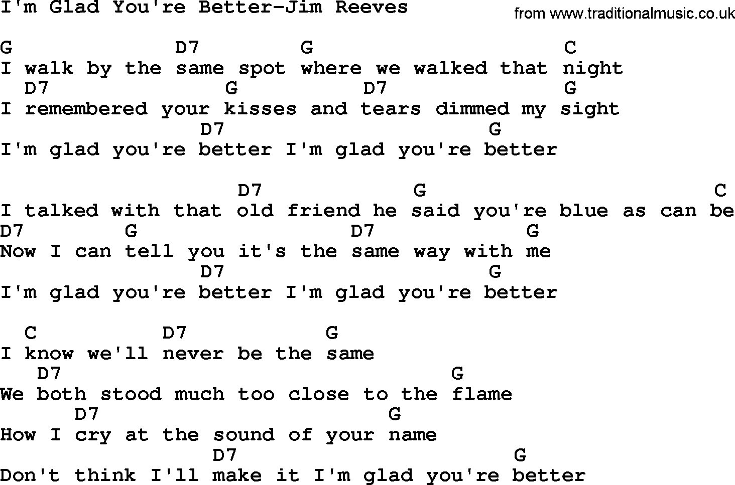 Country music song: I'm Glad You're Better-Jim Reeves lyrics and chords
