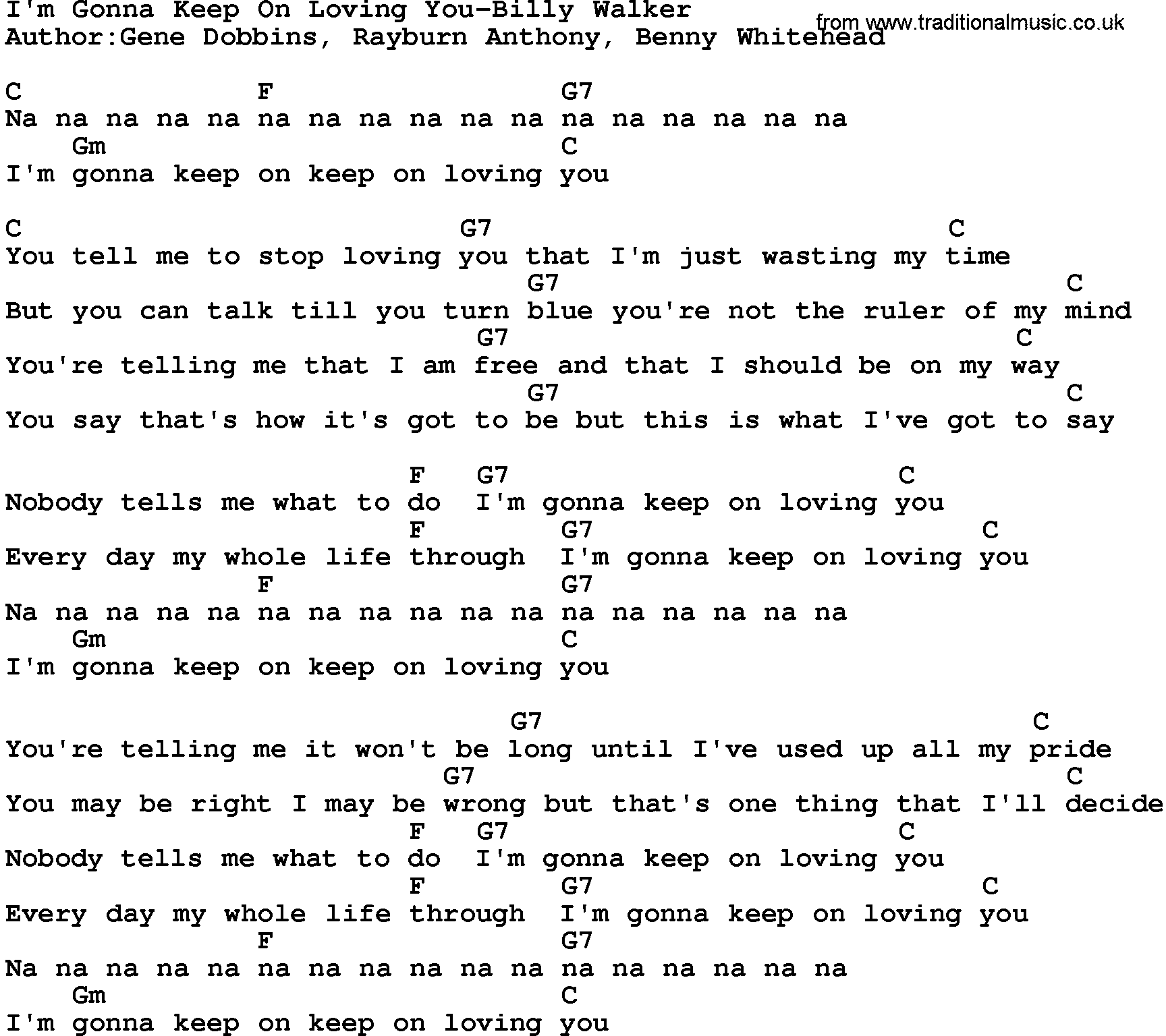 Country music song: I'm Gonna Keep On Loving You-Billy Walker lyrics and chords