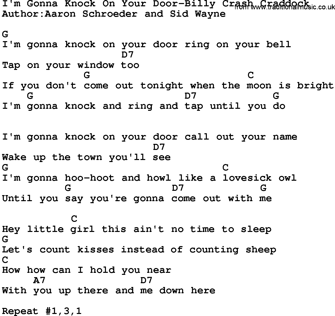 Country music song: I'm Gonna Knock On Your Door-Billy Crash Craddock lyrics and chords