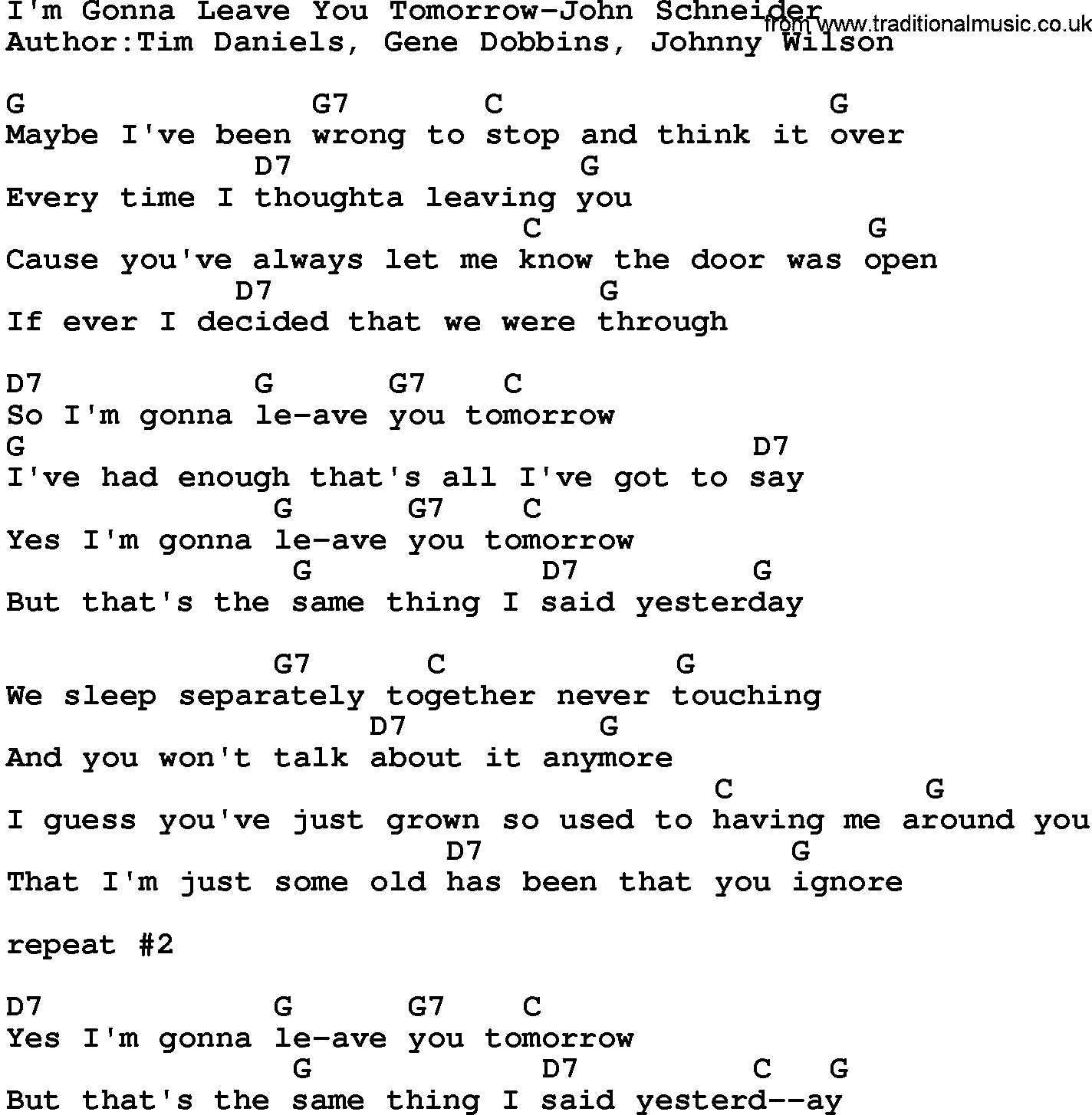 Country music song: I'm Gonna Leave You Tomorrow-John Schneider lyrics and chords